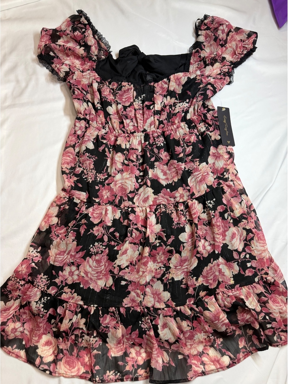 City Triangles Floral Print Black and Pink Short Sleeve Dress with Bow Detail